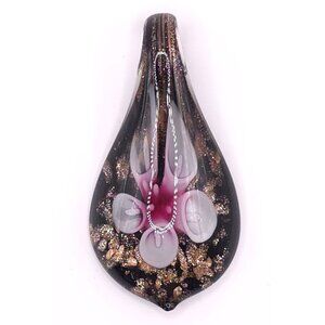 Handcrafted Lampwork Glass Floral Pendant Pink Glitter Teardrop Jewelry Art